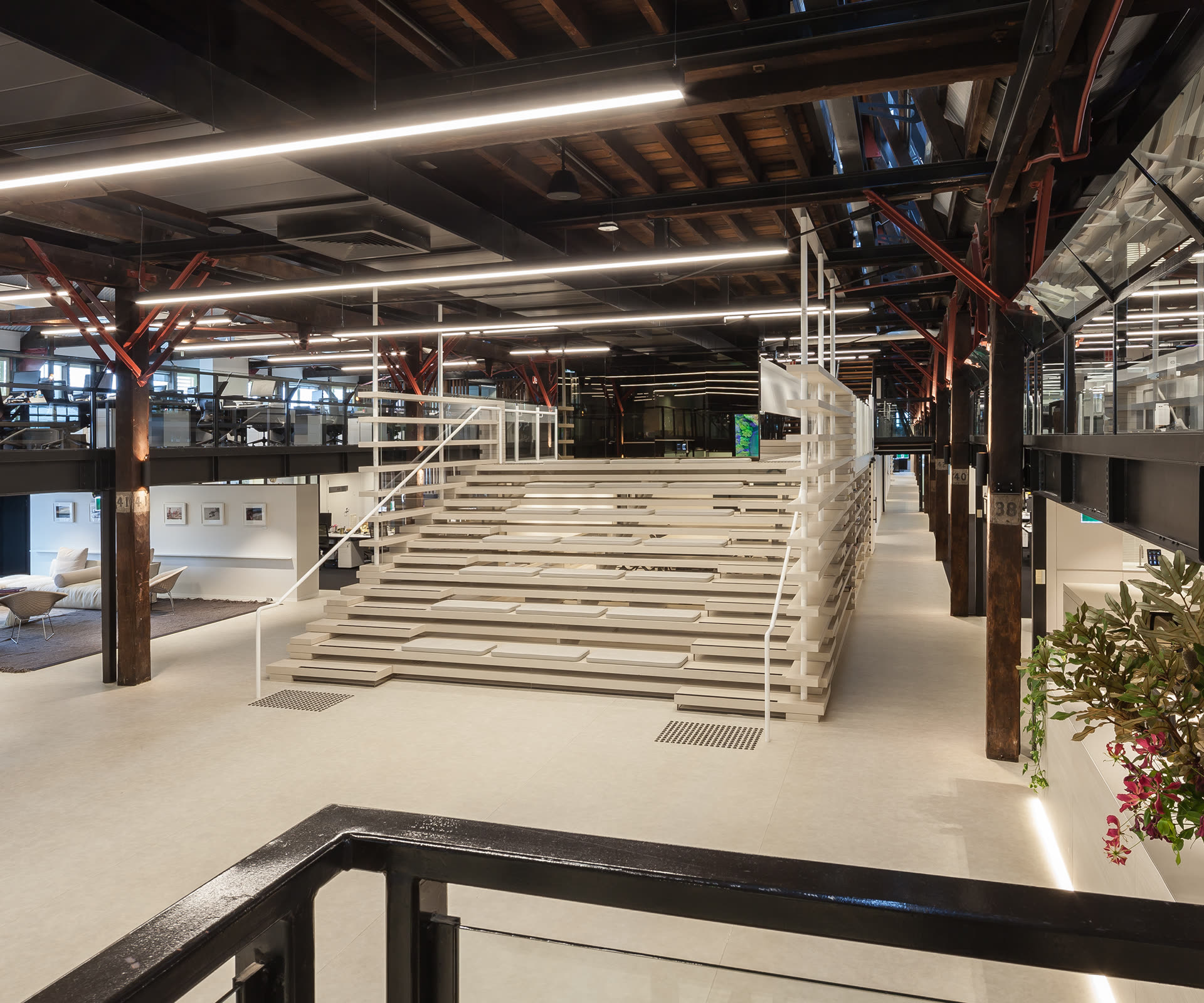 The Clemenger fitout inside Piers 8&9: tiered timber seating between original ironbark columns, under the exposed heritage trusses
