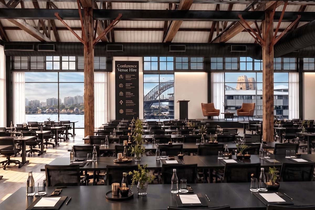 Artist impression of the proposed venue interior at Piers 8&9, with heritage timber trusses and harbour views